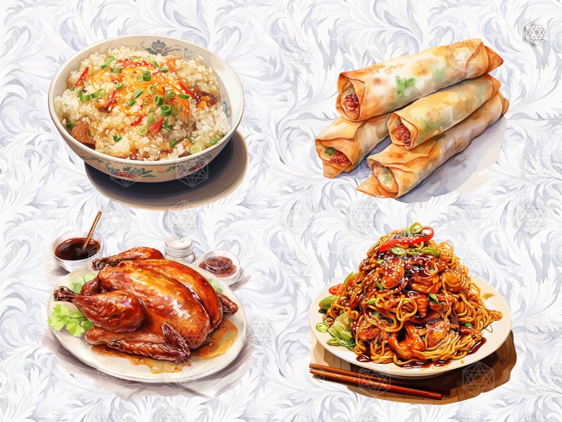 Op de afbeelding: Een bord Chinees eten met een geroosterde kip, een kom gebakken rijst, een bord loempia's en een bord noedels met een bruine saus.