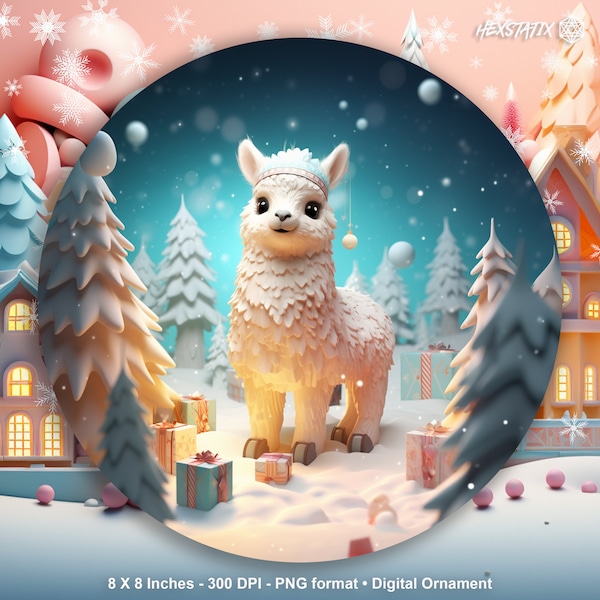 Christmas Ornament Llama PNG Sublimation, 300 DPI, Instant Digital Download, Christmas Round llama Ornament PNG 3D Christmas Ornament