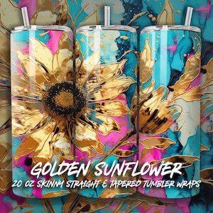 Gold Sunflower 20 oz Alcohol Ink PNG Sublimation Tumbler Wrap, Straight Skinny Tumbler PNG Design,  Instant Digital Download Commercial use