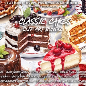 Watercolor Cake Clipart, PNG Food Clip Art, Dessert Art Images, Cake Print Designs, Printable Digital Download for Commercial use
