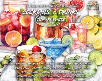 Clipart de cóctel, Clip Art de acuarela, Arte de cóctel, Bebidas PNG, Descarga de arte digital para uso comercial
