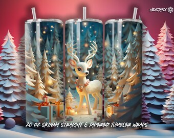 3D Renifer Boże Narodzenie Tumbler Sublimacja PNG, 20 oz Tumbler Wrap, Natychmiastowe pobieranie cyfrowe, Bożonarodzeniowy chudy Tumbler PNG Bożonarodzeniowy renifer