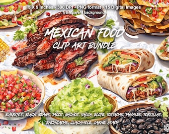 Mexicaans eten clipart, aquarel voedsel illustraties, Burrito Nachos Taco beelden, pittige voedingsmiddelen Pic, downloadbare digitale clipart voor commercieel gebruik