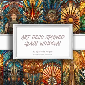 May include: Twelve digital images of stained glass windows in an Art Deco style. The windows feature geometric patterns, floral motifs, and stylized figures. The images are 4267 x 4267 pixels and in JPEG format.