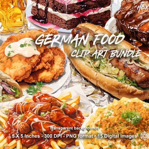 Clipart di cibo tedesco, ClipArt di cucina tedesca, Immagini di cibo dell'acquerello bavarese, Currywurst Bratwurst Schnitzel, Download digitali commerciali