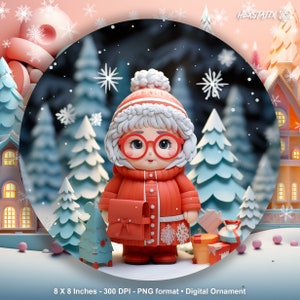 3D Mrs Santa Claus Christmas Ornament Sublimation PNG, 300 DPI, Instant Digital Download, Christmas Round Ornament PNG 3D Christmas Ornament