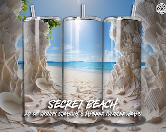 May include: A set of three 20 ounce skinny straight and tapered tumbler wraps featuring a beach scene with white seashells and a blue ocean. The text "SECRET BEACH" is printed on the wraps.