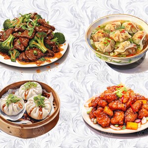 Op de afbeelding: Een bord Chinees eten met gebakken rundvlees en broccoli, een bord sinaasappelkip, een kom wonton-soep en een bamboe stoommandje met drie dumplings.
