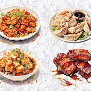 Op de afbeelding: Een wit bord met een selectie van Chinese gerechten, waaronder gebakken kip, dumplings, tofu en varkensribben. Alle gerechten zijn bedekt met een donkerbruine saus.