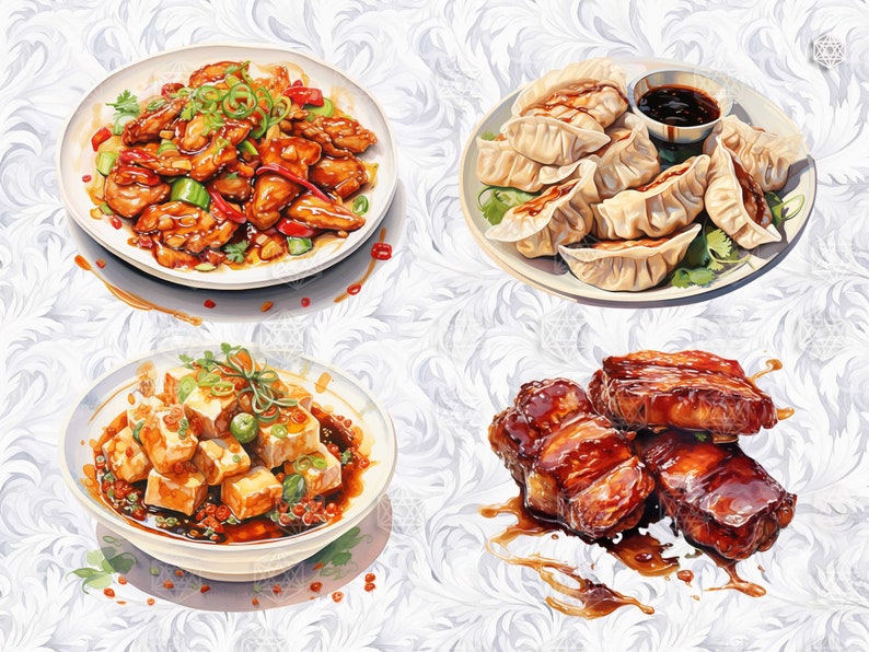 Op de afbeelding: Een wit bord met een selectie van Chinese gerechten, waaronder gebakken kip, dumplings, tofu en varkensribben. Alle gerechten zijn bedekt met een donkerbruine saus.