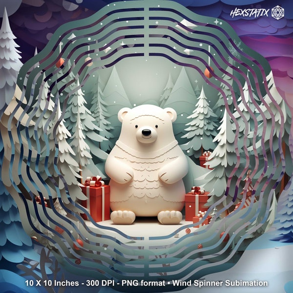 Cute Polar Bear Sublimation Wind Spinner PNG Ornament, Instant Digital Download, Polar Bear Decoration PNG 3D Wind Spinner