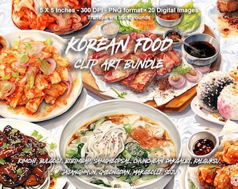 Korean Food Clipart, Asian Cuisine Clip Art, Watercolor Food Images, Digital Downloads for Commercial use