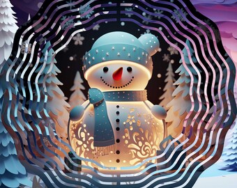 Könnte beinhalten: Ein fröhlicher Schneemann mit blauer Mütze und Schal, vor einer Winterlandschaft. Das Bild wird von einem wellenförmigen Design umrahmt. Der Text unten lautet "10 X 10 Inches - 300 DPI - PNG format - Wind Spinner Sublimation."
