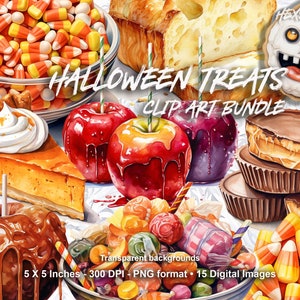以下が含まれることがあります： ハロウィンの御馳走のデジタルクリップアートバンドル。キャンディーコーン、キャラメルアップル、パンプキンパイ、キャンディーバー、赤と緑のリンゴなどがあります。画像は水彩画風で、「Halloween Treats Clip Art Bundle」というテキストが含まれています。