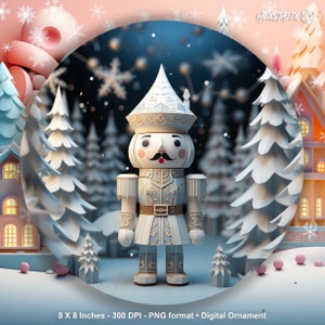 May include: A white nutcracker soldier stands in a snowy forest scene. The nutcracker is wearing a blue and gold uniform with a red and white hat. The background is a snowy forest with a pink and blue sky.