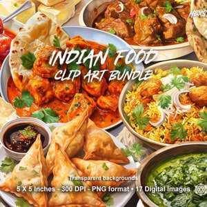 Puede incluir: Un conjunto de ilustraciones digitales de comida india. Las ilustraciones incluyen una variedad de platos, como curry, arroz, pan naan y samosas. Las ilustraciones están en un estilo vibrante y colorido y son perfectas para usar en una variedad de proyectos.
