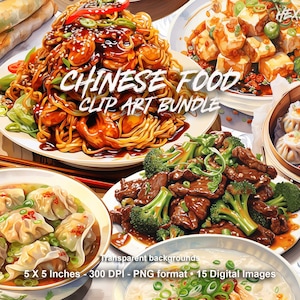 Clipart di cibo cinese, ClipArt di cucina asiatica, Immagini di cibo ad acquerello, Noodles Rice Chow Mein, Download digitali per uso commerciale
