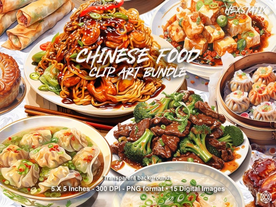 Chinese Food Clipart, Asian Cuisine Clip Art, Watercolor Food Images, Noodles Rice Chow Mein, Digital Downloads for Commercial use
