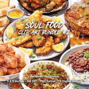 Puede incluir: Un paquete digital de clip art de 15 imágenes que presentan platos de comida soul. Las imágenes incluyen pollo frito, col rizada, macarrones con queso, frijoles rojos y arroz, y pastel de batata. Las imágenes son de 12,7 cm por 12,7 cm y 300 DPI.