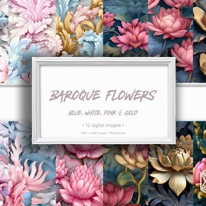 Könnte beinhalten: Eine Sammlung digitaler Bilder mit barocken Blumenmustern in Blau, Weiß, Rosa und Gold. Die Bilder zeigen aufwendige Blumenmuster und sind im PNG-Format verfügbar. Der Text auf dem Bild lautet "BAROQUE FLOWERS BLUE, WHITE, PINK & GOLD".