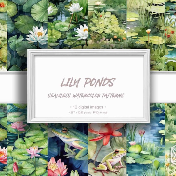 Lilly Pond Seamless Pattern PNG Sublimation, Digital Paper Instant Download, Floral Frog Pond Sublimation Pattern, Digital Wrapping Paper