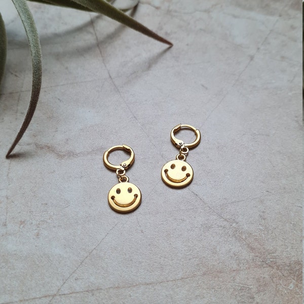 pair of 14k gold plated smiley face charm huggie hoop earrings | handmade minimalist dainty happy face jewelry