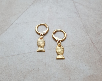 pair of 14k gold plated fish charm huggie hoop earrings | dainty minimalist tiny hoop jewelry