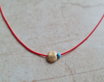 14k gold plated disc charm red string necklace | handmade dainty blue beaded adjustable red cord choker jewelry