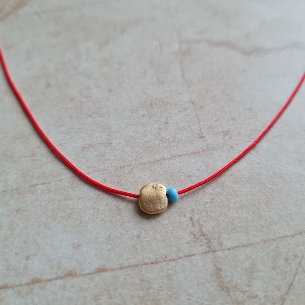 14k gold plated disc charm red string necklace | handmade dainty blue beaded adjustable red cord choker jewelry