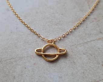 14k gold plated chain necklace with saturn charm | handmade dainty planet pendant jewelry