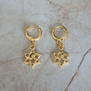 pair of 14k gold plated moon and stars charm huggie hoop earrings | dainty minimalist tiny hoop earrings