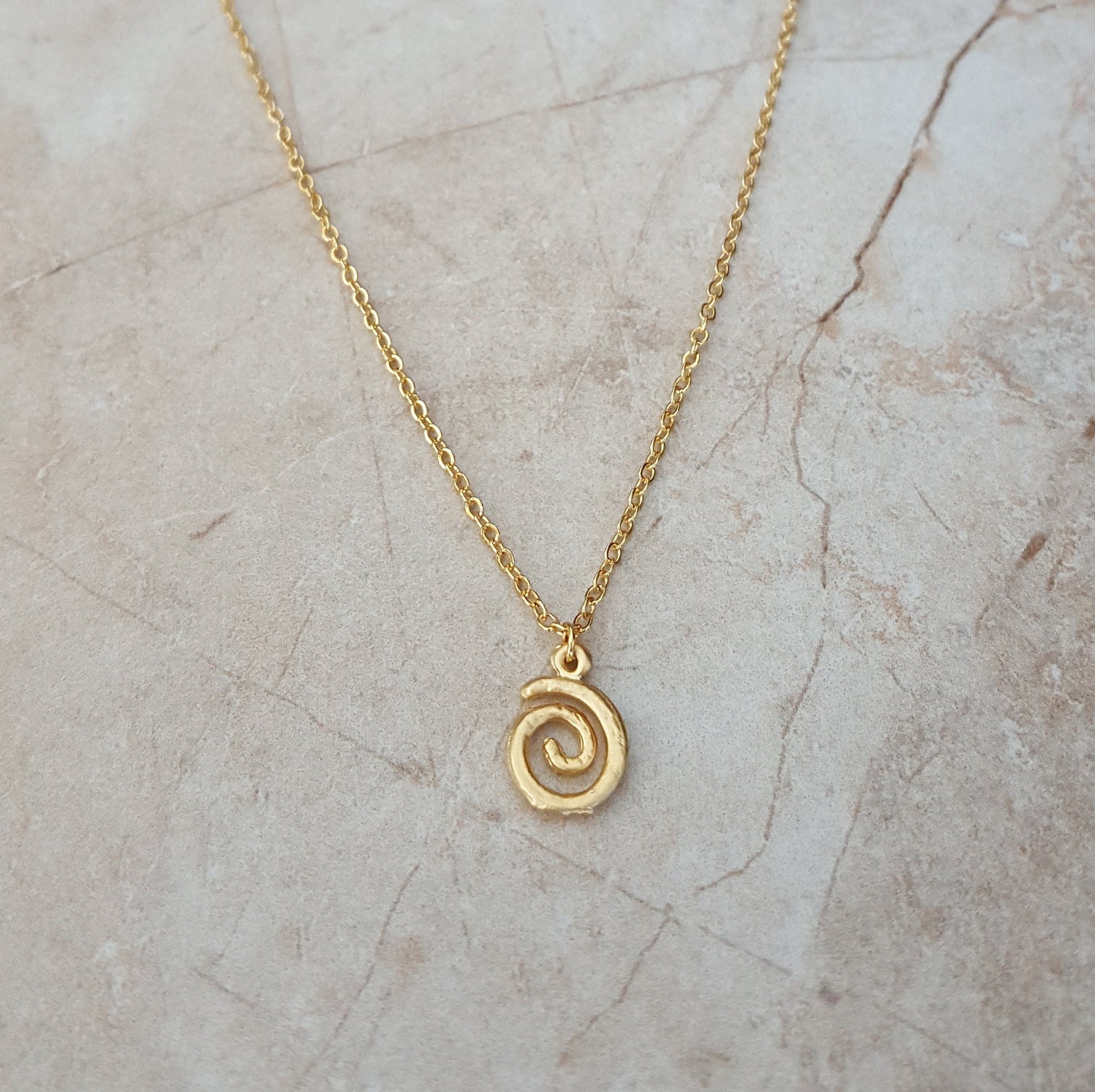 14k gold plated spiral charm chain necklace | handmade minimalist dainty pendant jewelry