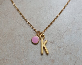 personalized chain necklace with 14k gold plated initial and colored disc charm | handmade dainty pendant necklace jewelry