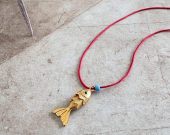 Handmade 14k Gold Plated Fish Charm Necklace - Red Cord