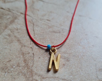 14k gold plated initial charm red string necklace | handmade dainty blue beaded adjustable red cord choker jewelry