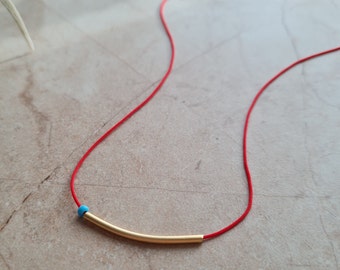 14k gold plated noodle tube red string necklace | handmade dainty blue beaded adjustable red cord choker jewelry