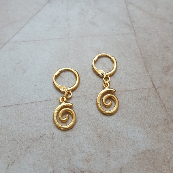 pair of 14k gold plated spiral charm huggie hoop earrings | dainty minimalist tiny hoop earrings