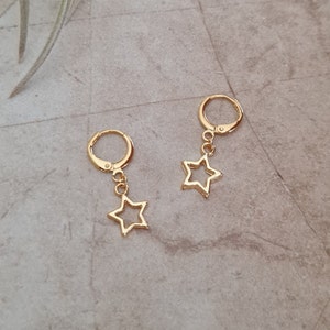 14k Gold Plated Star Charm Hoop Earrings: Dainty Minimalist Jewelry