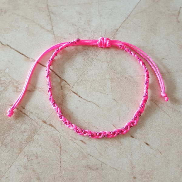 neon pink cord bracelet braided with pink chain | handmade boho style dainty bracelet