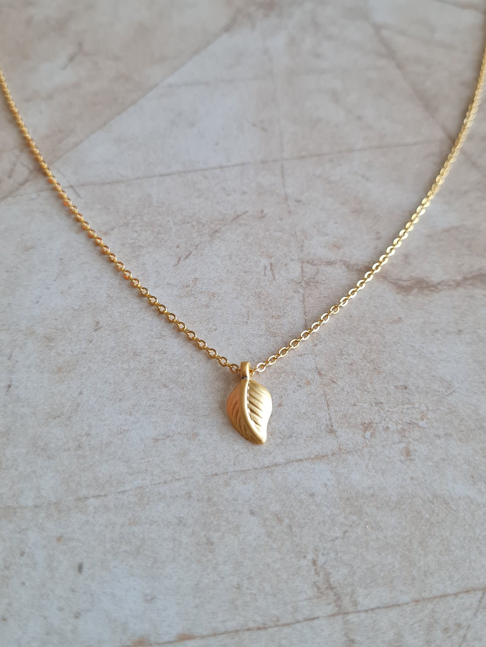 14k Gold Plated Leaf Charm Chain Necklace | Handmade Minimalist Dainty ...