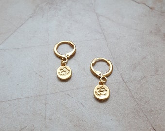 Handmade 14k Gold Plated Om Charm Hoop Earrings: Minimalist Yoga Jewelry