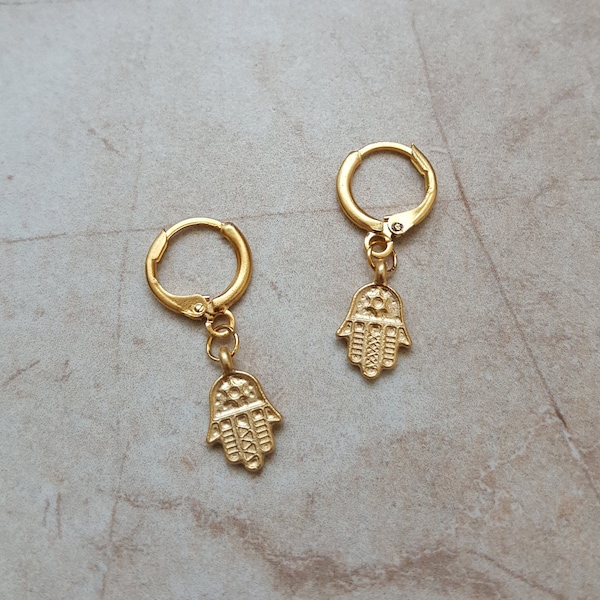 pair of 14k gold plated hand of fatima hamsa charm huggie hoop earrings | dainty minimalist hoop earrings