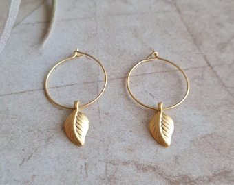 Leaf Hoop Earrings, Minimal Gold Plated Hoops for Everyday Style