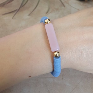 blue heishi bracelet with soft pink bead | boho style handmade heishi vinyl disc stretch bracelet