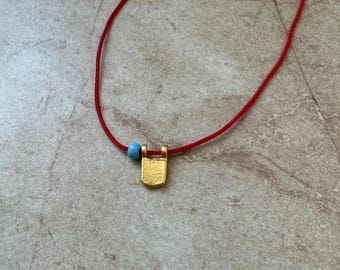 Handmade 14k Gold Plated Flake Charm Red Cord Necklace