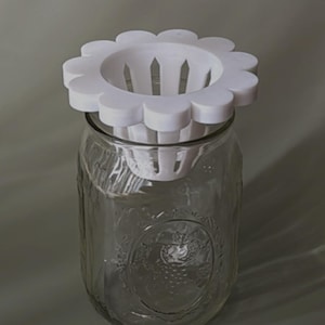 May include: White plastic flower-shaped strainer with a white plastic base, sitting on top of a clear glass jar with a strawberry design.