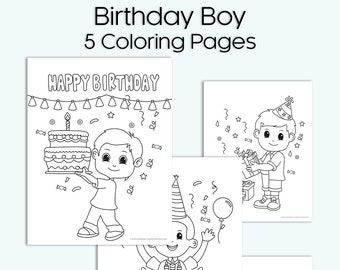 Birthday Boy Coloring Pages (5 pages) instant download PDF 8.5x11