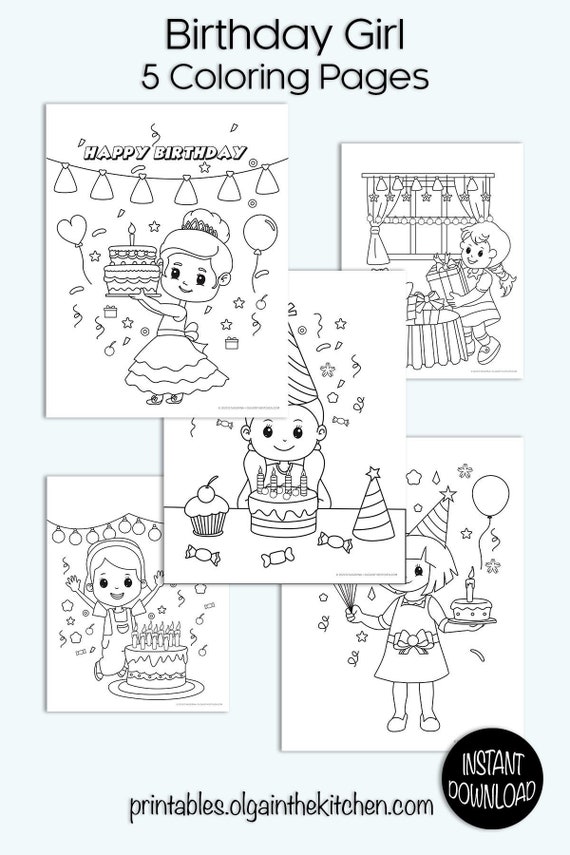 Birthday Girl Coloring Pages (5 pages) instant download PDF 8.5x11