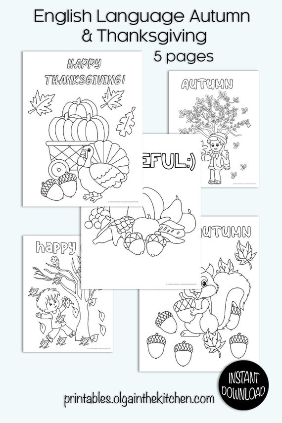 Autumn and Thanksgiving Coloring Pages 5 pages instant