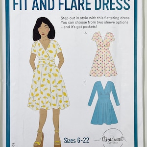 May include: A sewing pattern for a fit and flare dress. The pattern features a woman wearing a lemon-printed dress with pockets. Two sleeve options are shown. The text reads "FIT AND FLARE DRESS" and "Sizes 6-22".